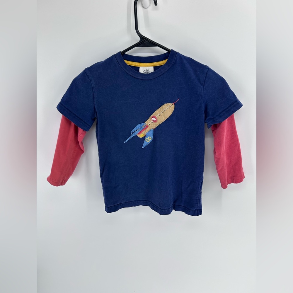 Mini Boden Blue Kids Shirt with Rocket‎ and Red Sleeves